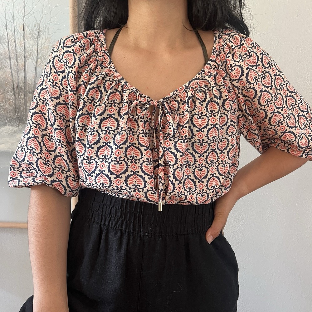 Cynthia Rowley Blouse Womens L Multicolor pattern Peasant scoop Neck 3/4 Sleeve